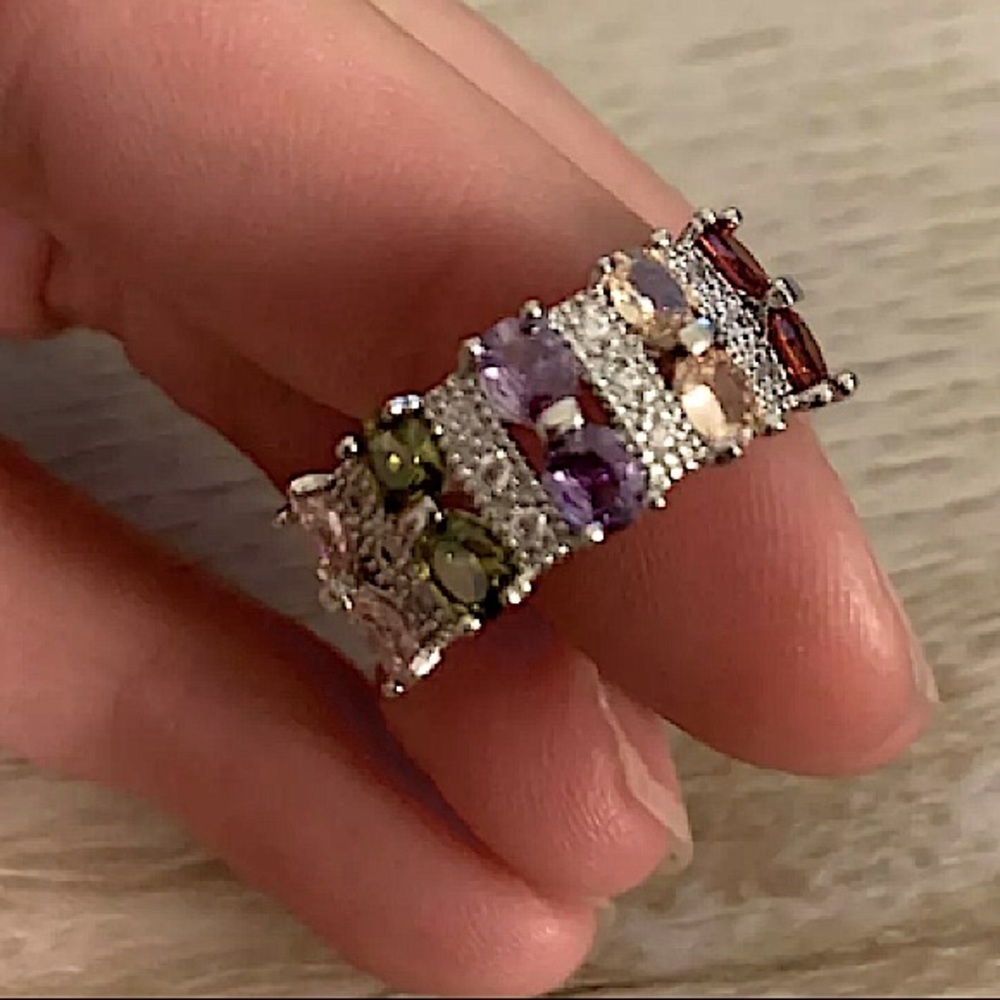 PLATINUM RAINBOW ZIRCON RING PROMISE CZ BAND RING - Picture 9 of 9